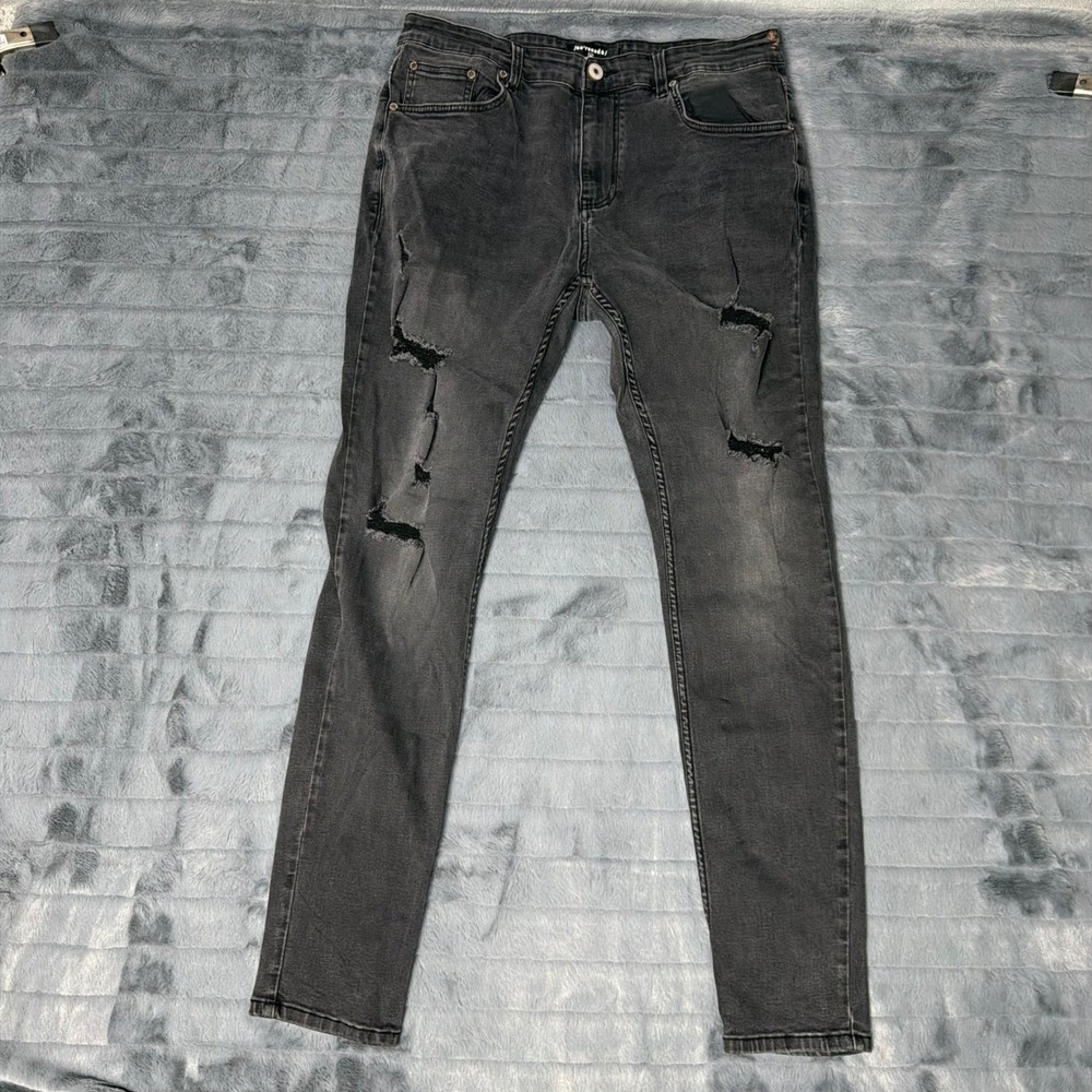 Serenede Mens Distressed Skinny Jeans Faded Black Ripped Stretch Denim Size 36